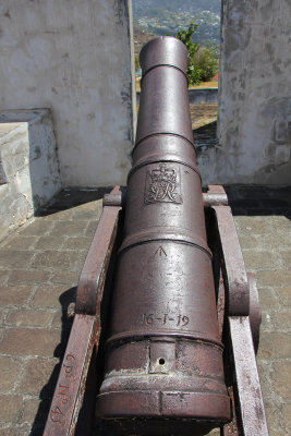 Close-up of British cannon with a royal crest dated January 16, 1819.