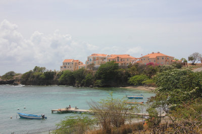View of the Caribbean Sea with buildings of St. George's University along the coastline.