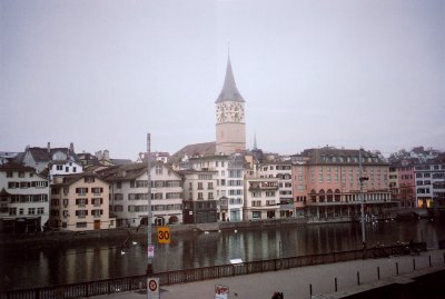 View of St. Peter's Church across the Limmat River.