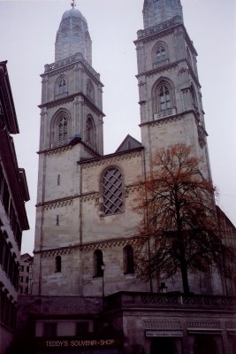 View of the twin towers of the Grossmunster Church.