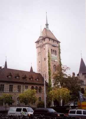 Impressive (medieval-looking) tower with tiles adjacent to the Swiss National Museum.