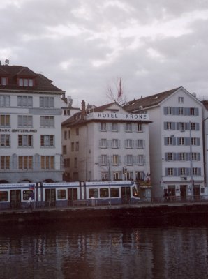 View of the Hotel Krone from across the Limmat River.