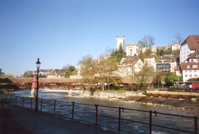 A view of the Reuss River from the path along the river bank.