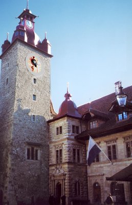 The clock tower of the Rathaus which was built in Renaissance style at the beginning of the 17th century.