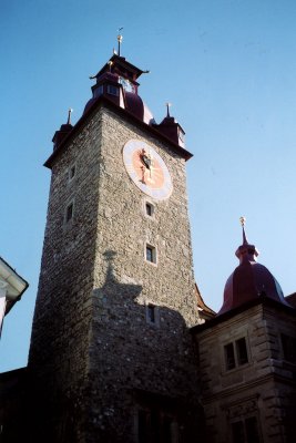Closer view of the Rathaus clock tower.