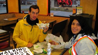 I met this nice couple after work today at Subway here in Lexington. Spoke with them a few minutes. His name is George and his girlfriends name is Rocio. He has walked from Washington State, down to Atlanta Georgia and is headed for Washington DC. Yes I said  walk . I asked him what was he going to do about the cold wet wind we will have here soon and he said  we'll walk in it . Cool answer huh ! I had to look at his feet to check out his foot gear and was suprised to see he had on beach sandals ( not flip flops ). His toes and feet were exposed to the elements but he said of all the shoes he has he likes those best. He would know right? His girlfriend has traveled to meet him on his journey 6 times and walked with him about 5 % of his walking distance so far. Since I watched the video Im more privaledged that I even got to talk with this guy !

 http://www.enjoythewalk.com/

George's cart - http://www.pbase.com/kippercat/image/147951590