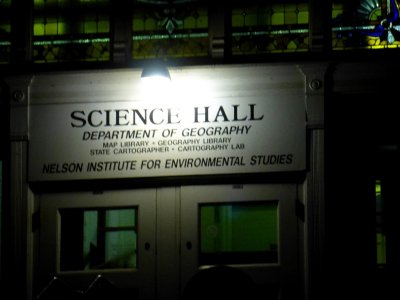 Sign above doors to Science Hall,  taken from the landing on the 2nd floor of the Memorial Union - October 22, 2012