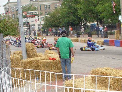 CORNER 1 AT THE ROCK ISLAND GRAD PRIX GOT VERY CROWDED AT THE BEGINNING OF EACH RACE AS THE KARTS WENT FOR POSITIONS