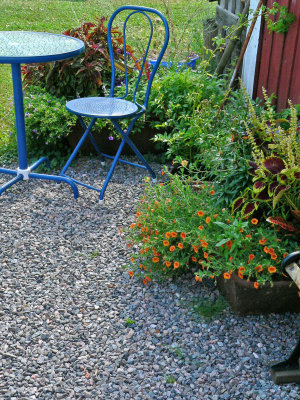 The blue chair behind the shed
