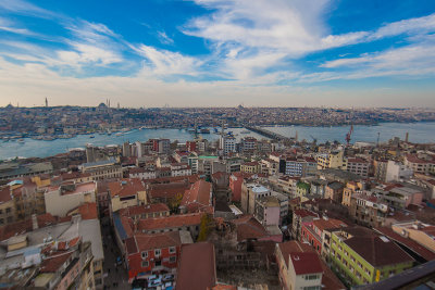 A very wide-angle view of the Golden Horn and the mosques beyond.