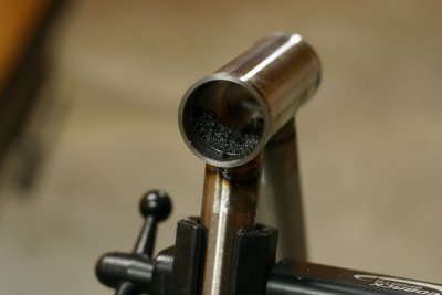 Headtube after being reamed.  Notice the leftover material.