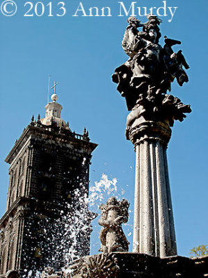 Fountain and Cathedral in Puebla