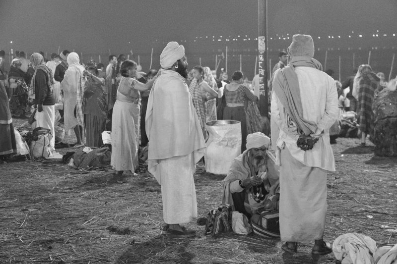 Three sadhus at dawn bw.jpg