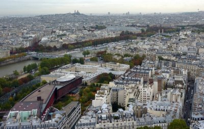 View northeast from the second level Tour Eiffel with Sacre-Coeur in Montmartre visible in the distance, Paris