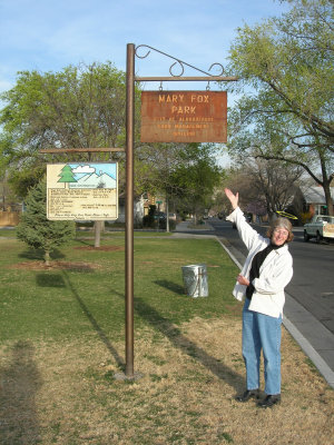 Mary, halo-ed, at the park named after her on account of her many good works.  (c. 2006)