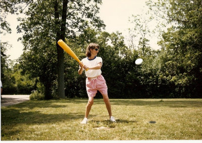 Mary good naturedly playing eggball.  (c. 1980)