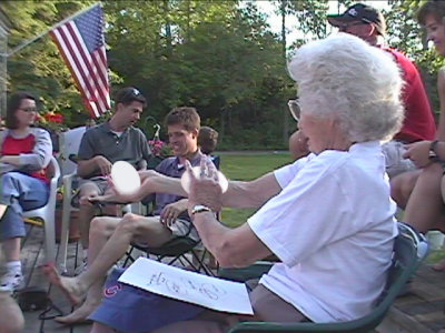 Granny demonstrating her controversial 'two thrower' theory.  (c. 1988)