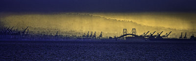 Long Beach Harbor under a foggy sunset