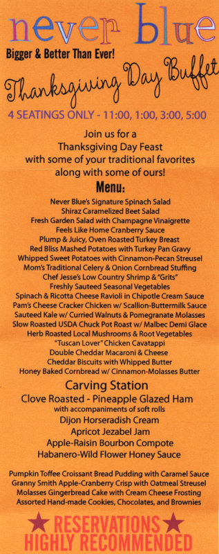 Never Blue Thanksgiving Buffet Menu