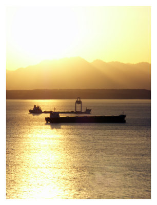 Ships at Anchor as the Sun Sets Over Elliot Bay and the Olympic Mountains