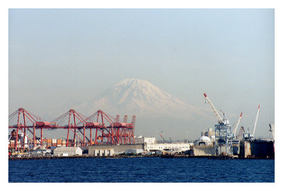 Cargo Cranes and Mt. Rainier from Ferry