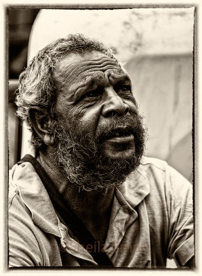 Aboriginal man at Quay in mono