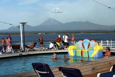 Aft pool deck and San Cristobal Volcano