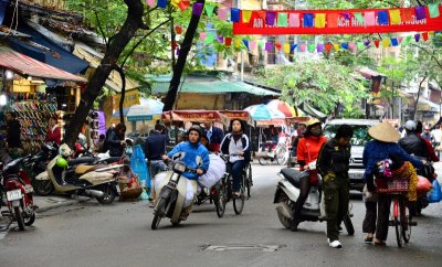 crowded Hang Dau street, Hanoi Old Quarter, Hanoi, Vietnam  