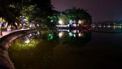 Night time, Ngoc Son Temple, The Huc  Bridge,  Hoan Kiem Lake,  Hanoi, Vietnam  