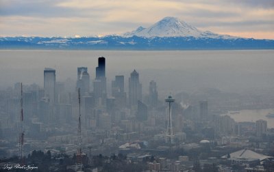 Downtown Seattle, Temperature Inversion, Mount Rainier, Washington 