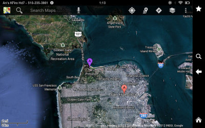 Google Maps on Kindle Fire HD 7 - Screenshot of SF/Marin area