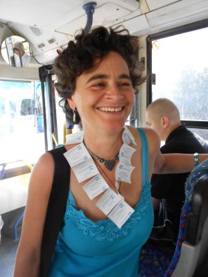 Jasmine garlanded with bus tickets