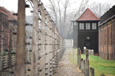 Perimeter fence and watchtower, Auschwitz