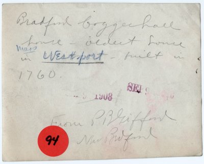Bradford Coggeshall house - oldest house in Westport Sep 9 1908 reverse