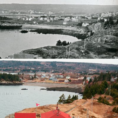 Pettes Cove and North Head from Swallow Tail Lighthouse, then and now.