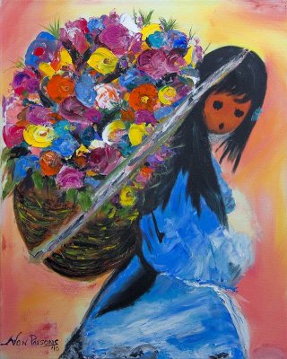 Indian Girl with Basket of Flowers  Orig  16x20  2010  #5140