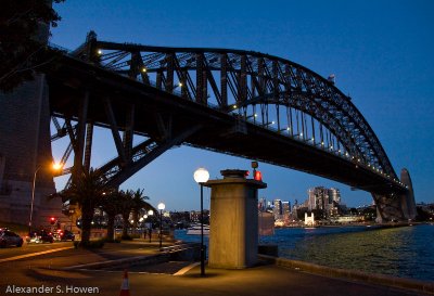 Sydney Harbour Bridge at twilight from the south eastern end