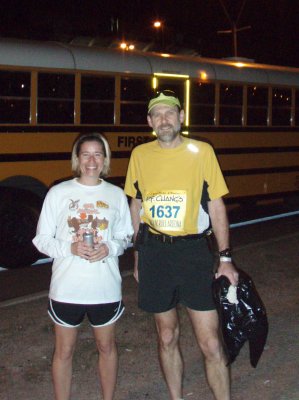 Kara and Greg ready to catch a bus to the starting line