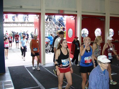 Runners walk straight from finish line area into the GRB Convention Center