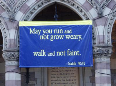 Sign on Old South Church at finish line