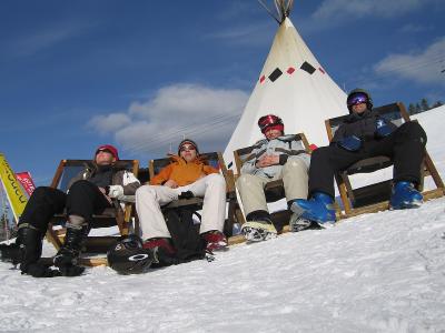 Lisa, Moon, Ally and Trev hang outside the Cappuccino Hut before being herded off the mountain
