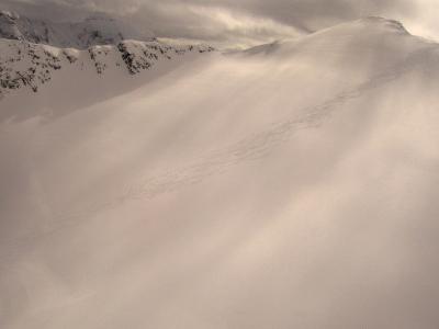 previous group's tracks on Farnam Glacier