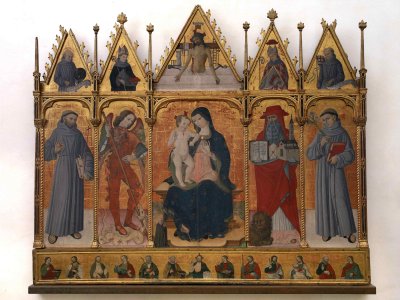 Maestro dei polittici crivelleschi, Maternità in trono tra i Santi Francesco, Michele Arcangelo, Girolamo e Antonio da Padova