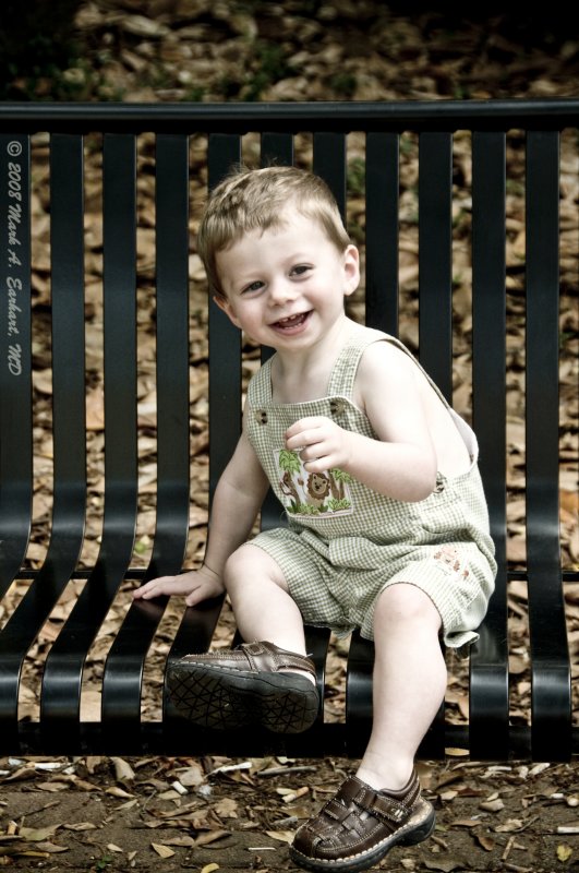 Eli On A Bench on the University Of Georgia Campus, in this retro look photo.