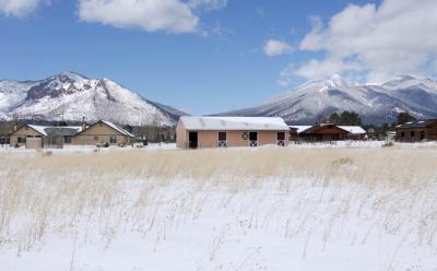11 San Francisco Peaks to right (NW) of barn