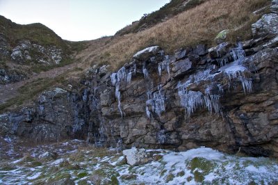 Muchalls with icicles on cliffs
