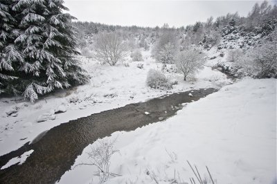 Stream cutting through winter scene