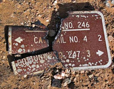 Fire-burned sign...