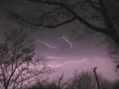The hail had stopped and the storm had passed. There was still a lot of gusty winds and a light shower trailing the storm. I used my tripod and self-timer to take this shot but still couldn't get a clear pic. The lightning was beautiful but because of the rain I had to shoot from underneath my carport to protect the camera.