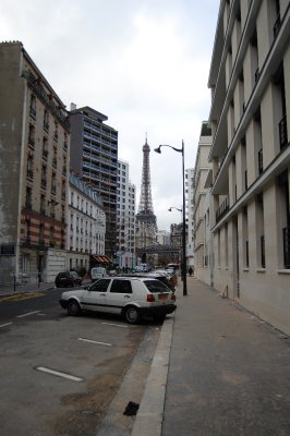 View of Eiffel Tower from across the street from our hotel, approx. 1 mile from the tower.
